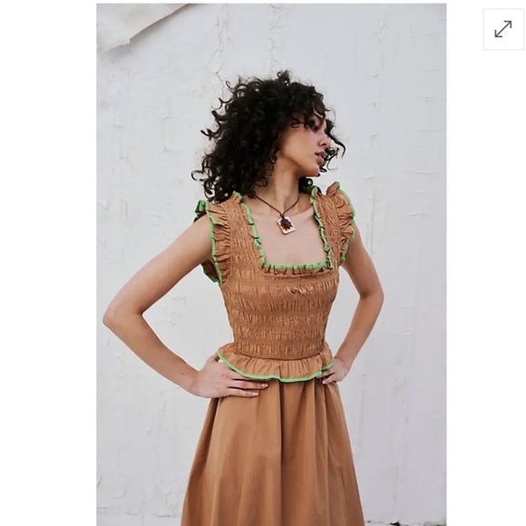 Free People TOVI Brown and Lime Smocked Midi swing dress - Picture 2 of 5
